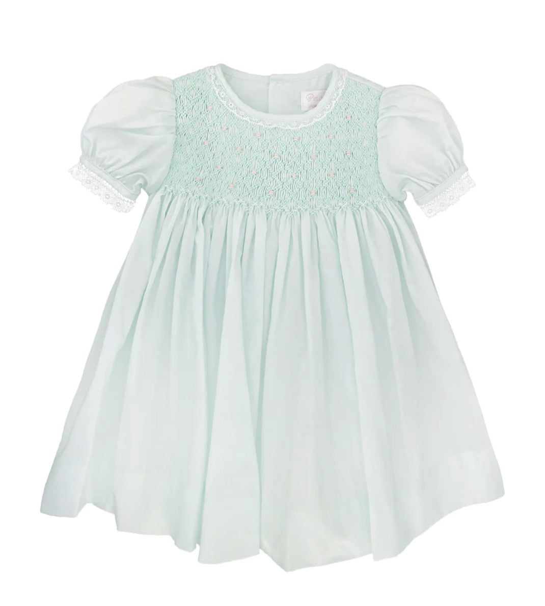 Mint Green Fully Smocked Dress Set with French Lace and Bloomers | 9 M Little Footprints Children's Shop Mint Green Fully Smocked Dress Set with French Lace and Bloomers | 9 M Little Footprints Children's Shop