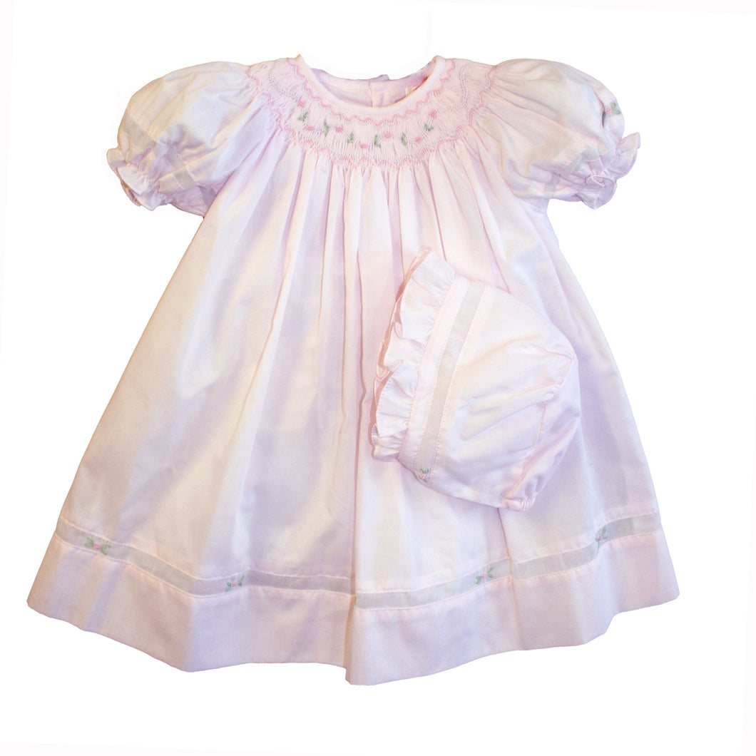 Pink Smocked Daygown with Voile Insert and Bonnet | Preemie or Newborn