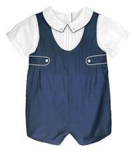 Navy White Romper Shortall with Side Tabs and Pintucks | 3 6 9 Months