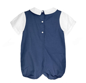 Navy White Romper Shortall with Side Tabs and Pintucks | 3 or 6 Months