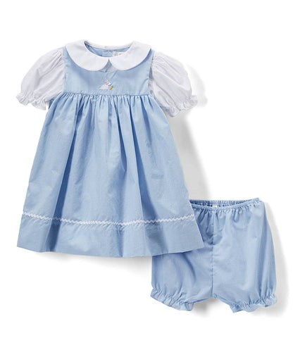 Blue Check Embroidered Easter Bunny Dress Set | 3 or 9 Months