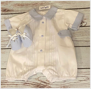 White Blue Side Tab Romper with Booties | Size 00 Preemie 0 Newborn