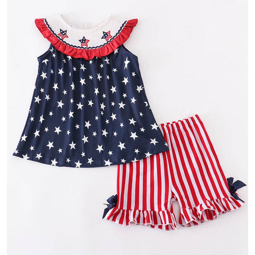 Girls 4th of July Smocked Patriotic Tunic & Shorts Outfit | 4T 5T 6