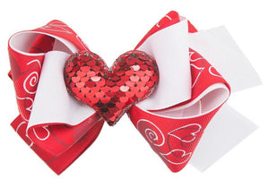 Red Sequin Heart Valentine Hair Bow 4.5"