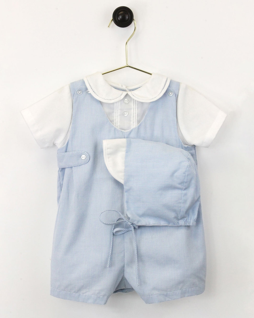 Blue Check Romper with Side Tabs and Hat | Preemie Newborn 3 6 9 Months