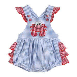 Blue Red Gingham Crab Ruffle Romper | 3-6M 6-12M 12-18M