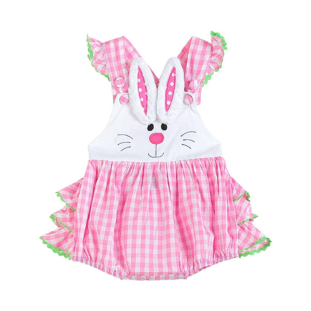 Pink Bunny Face Gingham Bubble Ruffle Romper | 6-12 Months