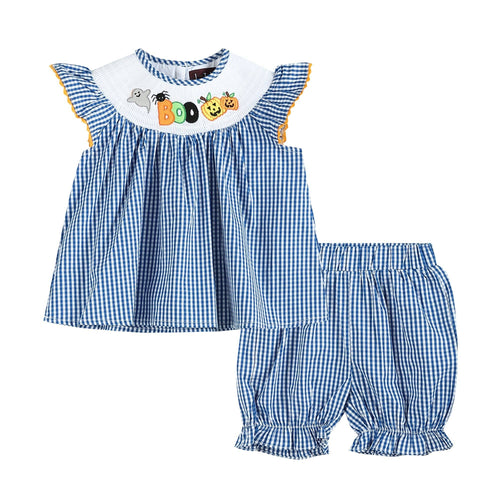 Blue 'Boo' Gingham Smocked Top and Bloomers Set | 3-6M 6-12M