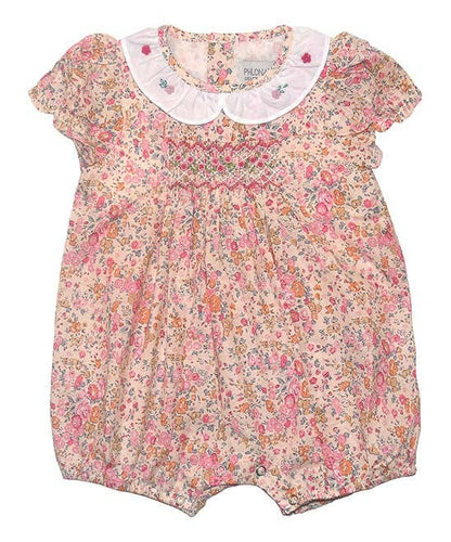 Pink and Cream Floral Smocked Bubble Bodysuit | 3-6M 6-9M 12-18M