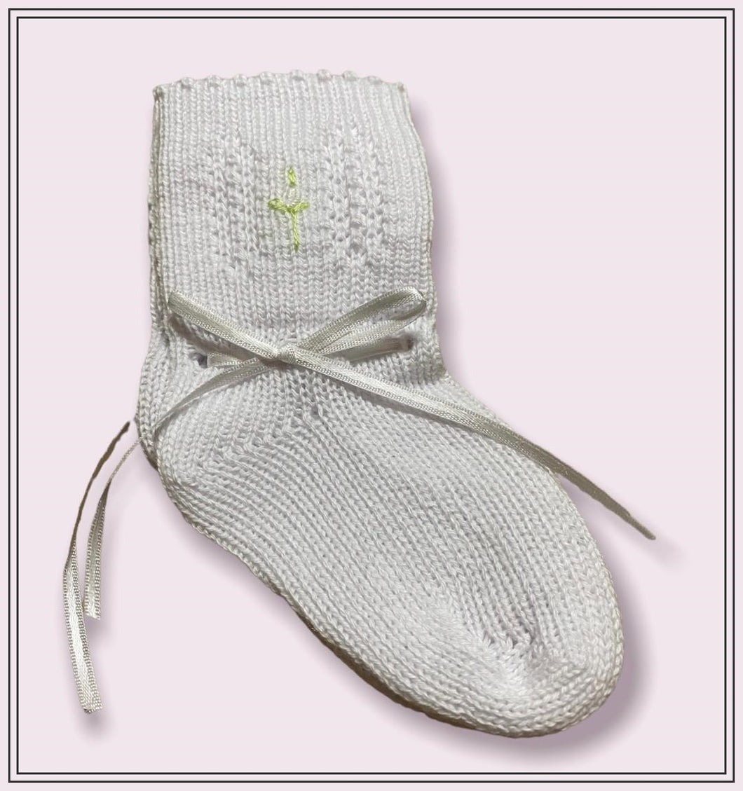 White Knit Baby Girls Booties Socks with Satin Ribbon Bow