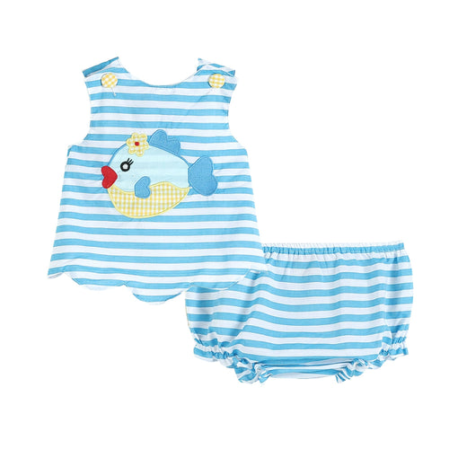 Blue Stripe Fish Applique Top & Bloomers | 6-12 Months