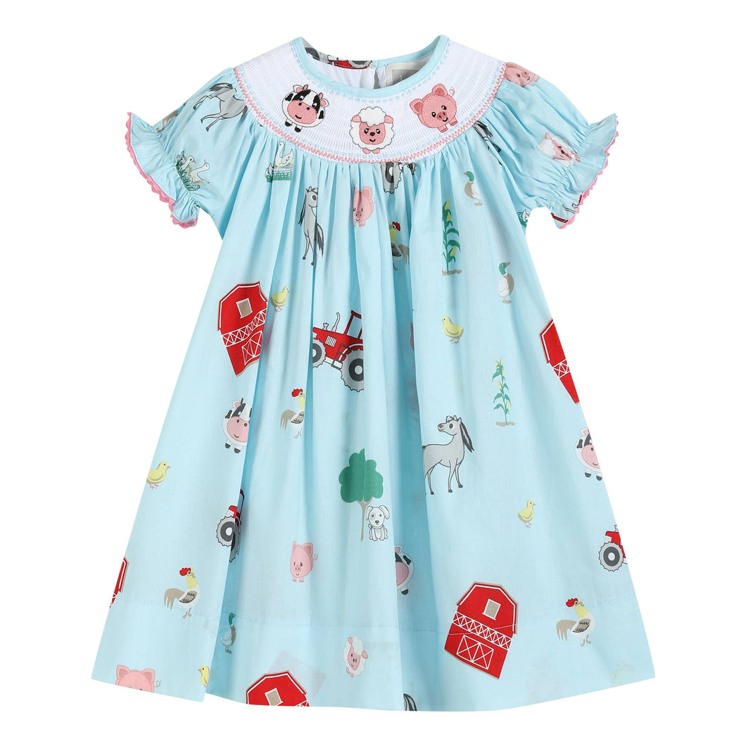 Barnyard Print Farm Animal Smocked Bishop Dress | 5Y 6Y