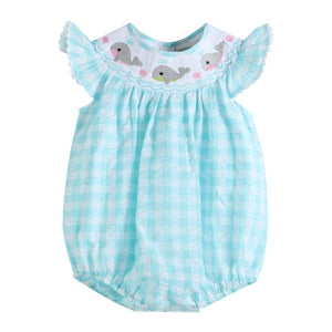 Turquoise Gingham Whale Smocked Flutter Bubble Romper | 3-6M 6-12M