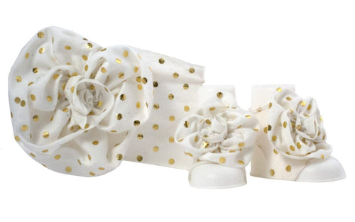 White Gold Polka Dot Flower Headband with Peep Toe Socks by Baby Deer * 0-12 Months