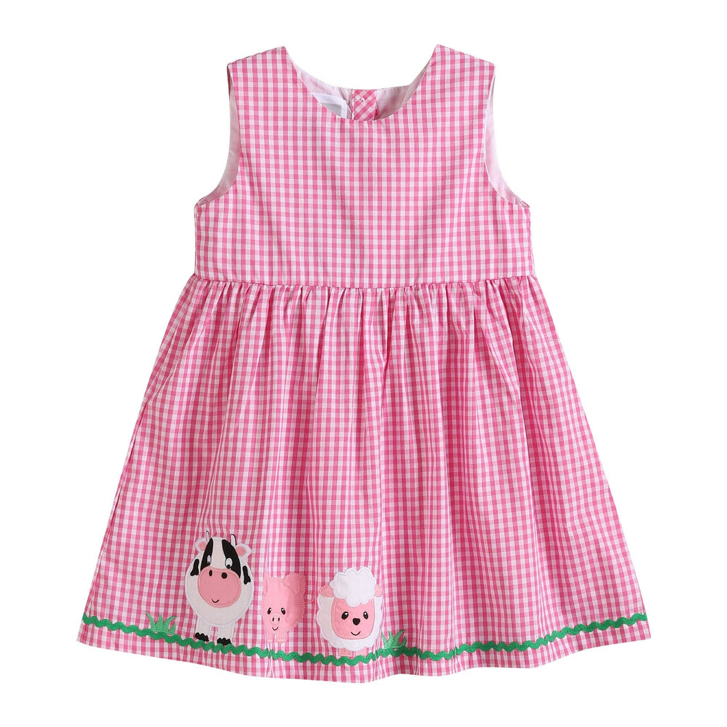 Pink Gingham Farm Animals Dress | 4T 5Y 6Y