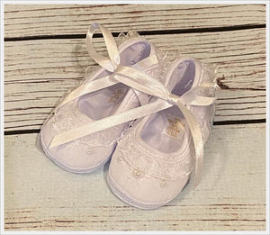 White Tie Baby Crib Shoes with Flower Embroidery  | Size 0 1 2 3