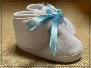 White Baby Boys Crib Shoes with Blue Satin Ribbon Tie | Size 0 1 2