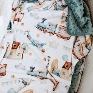 Airplanes and Trains Baby & Toddler Blue Minky Blanket | 30x40