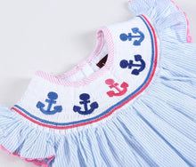 Pink & Blue Striped Smocked Bishop Dress with Anchor | 5Y 6Y