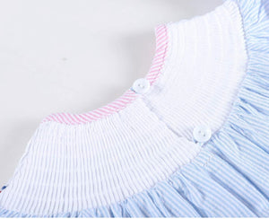 Pink & Blue Striped Smocked Bishop Dress with Anchor | 5Y 6Y