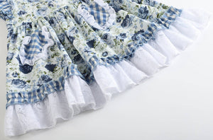 Blue Rose and Gingham Ruffle Dress | 2T 3T 4T 5Y 6Y