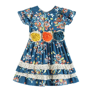 Cobalt and Orange Floral Ruffle Dress with Flowers | 2T 3T 5Y