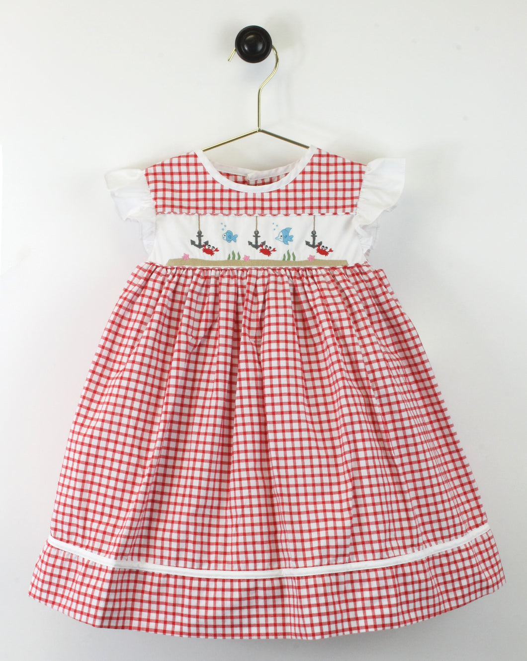 Red Check Anchor Fish Crab Embroidered Dress | 4T