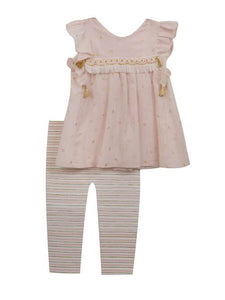 Pink & Gold Foil Print Tassle Top & Striped Legging Set | 3 6 9 Months