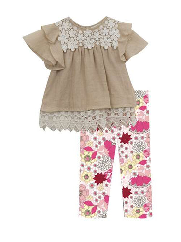 Taupe Gauze Ivory Lace Floral Legging Set by Rare Editions | 2T