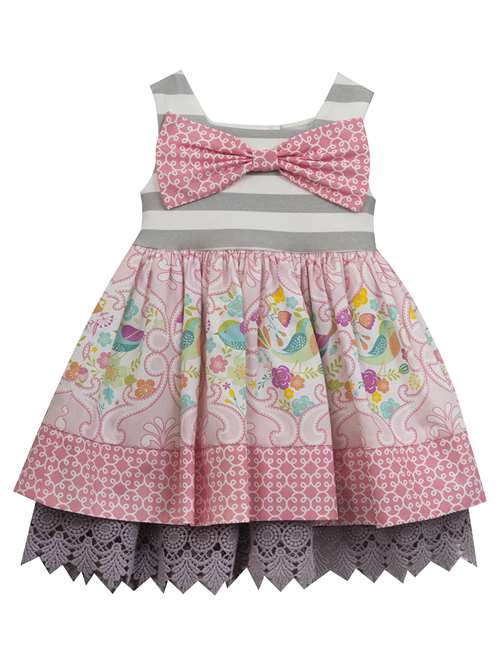 Gray Pink Floral Birds Bow Lace Dress  2T 3T 4T