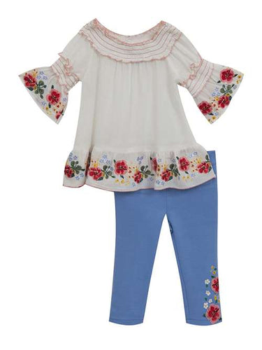 White Floral Embroidery Gauze Periwinkle Set | Girls Size 6