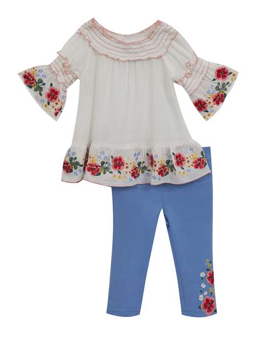White Floral Embroidery Gauze Periwinkle Set | Girls Size 6