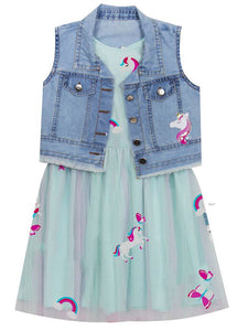 unicorn denim dress Kids Girls Unicorn Design Denim Princess Dress 9834 photo / 2Y