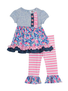 Blue Pink Heather Knit Stripe Floral Top & Legging Set | 2T 3T 4T 4 5 6