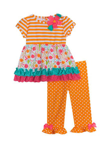 Orange Striped Daisies Polka Dot Leggings Set | 3-6 6-9 Months