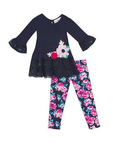 Navy Pink Lace Floral Legging Set | 12 18 24 Months