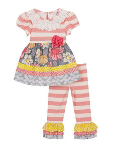 Coral Gray Yellow Striped Floral Ruffle Pants Set * 6 Months