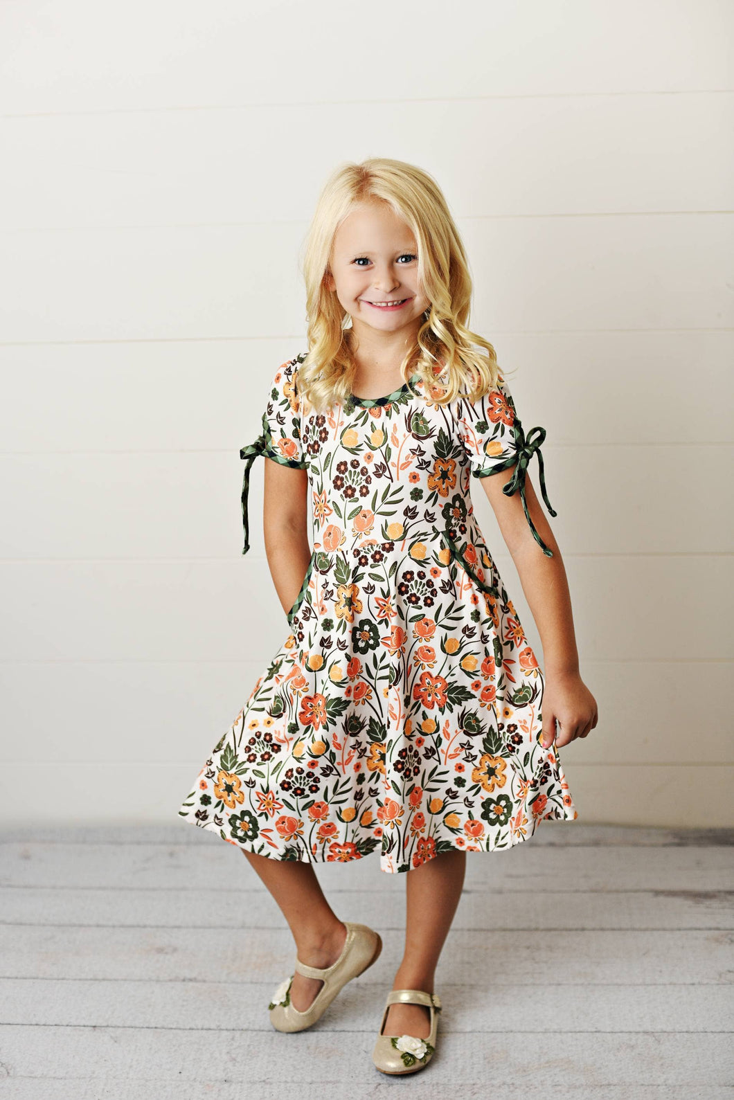Fall Twirl Dress with Tie Sleeves * Little Girls 4 5 6