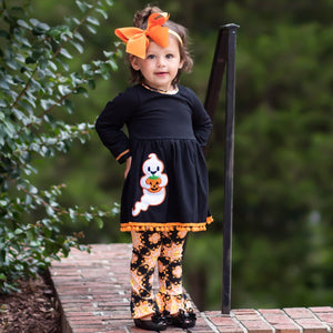 Girls Halloween Outfit Ghost Pumpkin Dress Ruffle Pants Set | Size 6