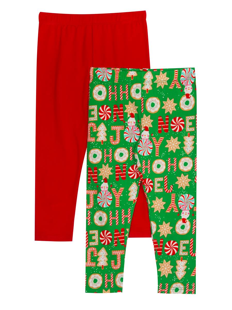 2 Pair Red Green Christmas Print Leggings | Little Girls 5 or 6