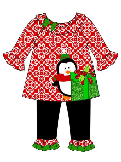 Red White Holiday Penguin Glitter Black Legging Set | 2T