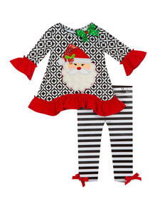 Black White Geo Stripe Santa Top and Legging Set | Little Girls 4 or 6