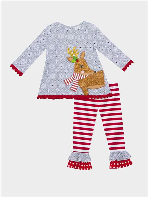 Gray Snowflake Reindeer Red Stripe Pants Set | 12 18 24 Months
