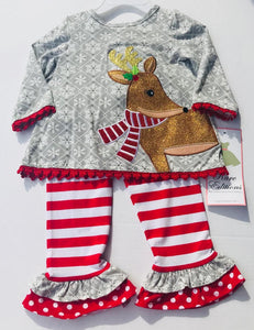 Rare Editions Gray Snowflake Reindeer Red Stripe Pants Set | 2T or 4T