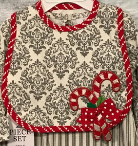 Gray Red Candy Cane Long Romper and Bib Set | 6 or 9 Months