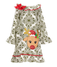 Counting Daisies Olive Green Print Reindeer Dress | 2T/2 3T/3 4T/4 5 6X