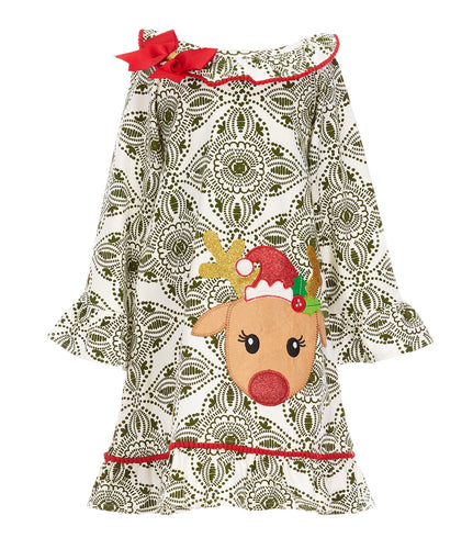 Counting Daisies Olive Green Print Reindeer Dress | 2T/2 3T/3 4T/4 5 6X