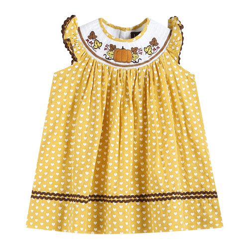 Mustard Heart Pumpkin Smocked Angel Sleeve Dress | 2T 3T 4T 5Y 6Y