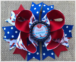 Red and Blue Heart Warrior Bottle Cap Hair Bow 5"