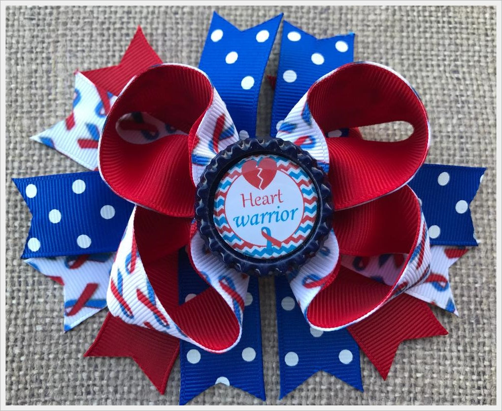 Red and Blue Heart Warrior Bottle Cap Hair Bow 5